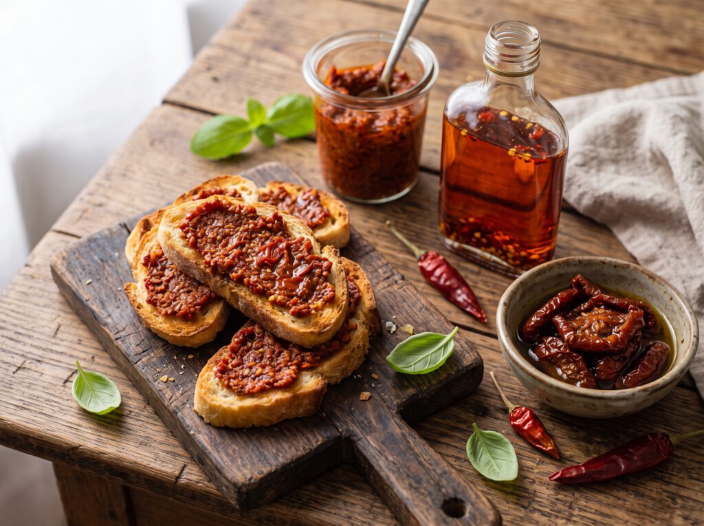 Crostini s pestem ze sušených rajčat, chilli olej a sušená rajčata