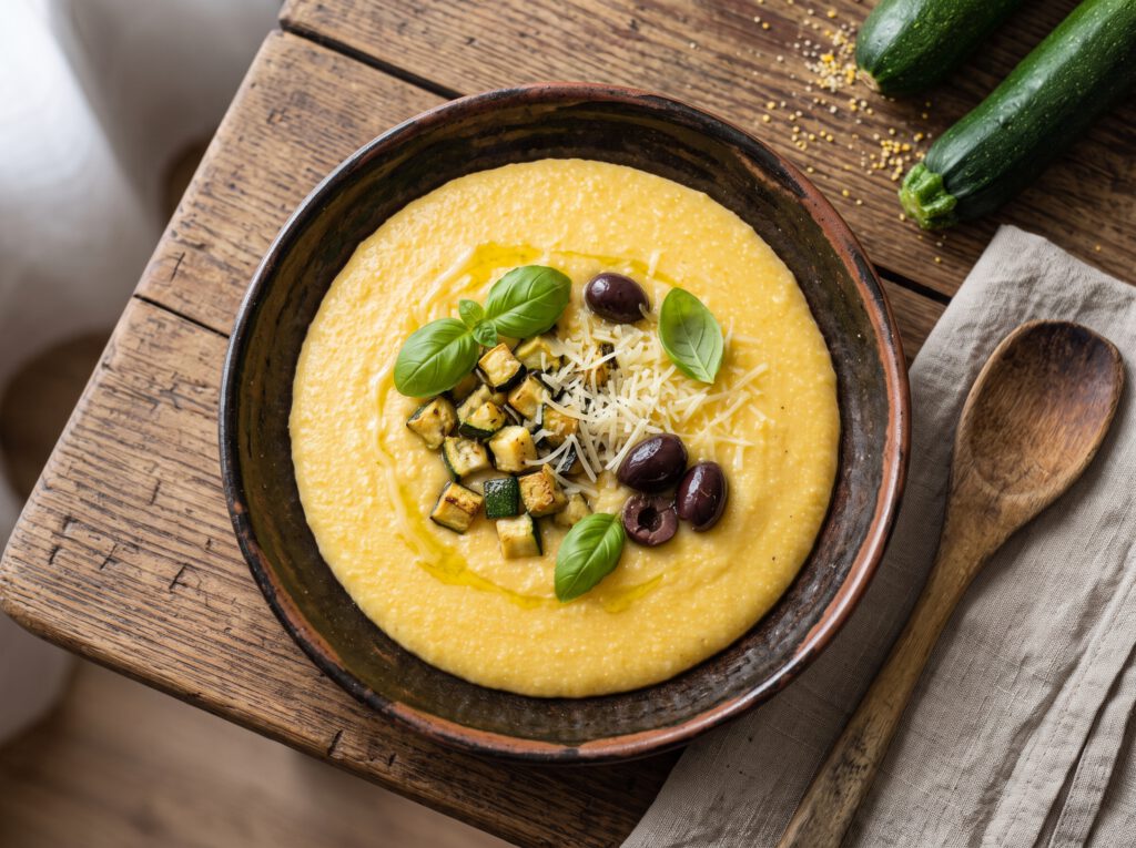 Krémové polentotto s cuketou, olivami a parmezánem