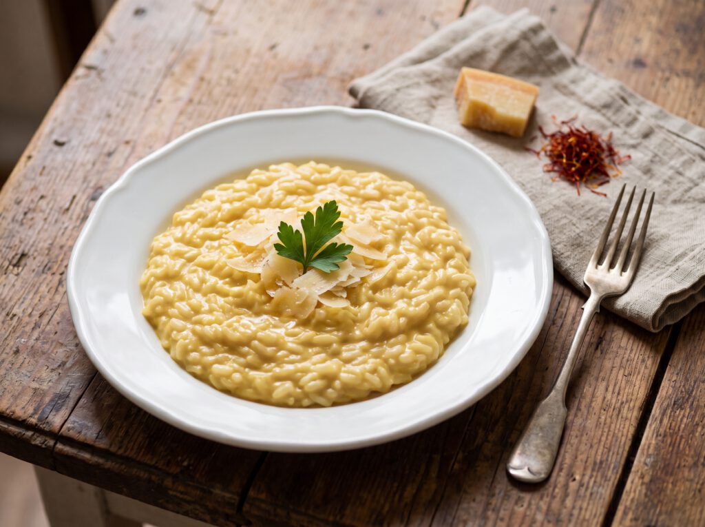 Šafránové risotto s parmezánem na talíři